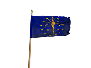 Indiana flag USA flag Isolated Silk waving flag made transparent fabric of Indiana US state with wooden flagpole gold spear on white background isolate real foto 3d illustration