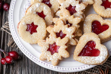 Traditional Linzer Christmas cookies on a plate