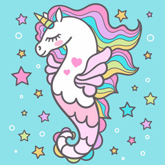 Beautiful seahorse among the stars. Unicorn. For design, prints, posters and so on. Vector