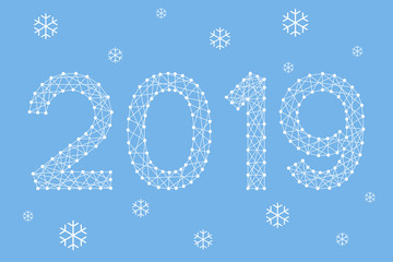 2019 date number New Year holiday with snowflakes from abstract futuristic polygonal white lines and dots on blue background for banner, poster, greeting card. Vector illustration.