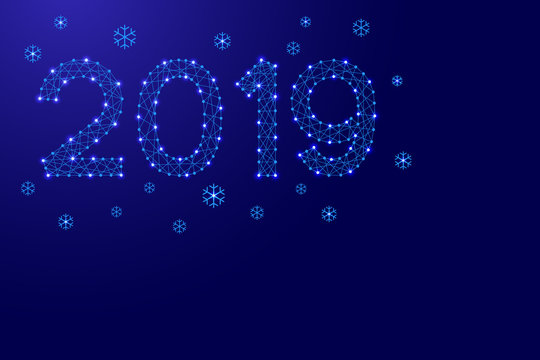 2019 date number New Year holiday with snowflakes from futuristic polygonal blue lines and glowing stars for banner, poster, greeting card. Vector illustration.