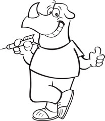 Black and white illustration of a rhino holding a dart while giving thumbs up.
