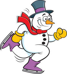 Cartoon illustration of a snowman skating.