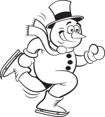 Black and white illustration of a snowman skating.