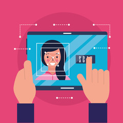 hands with mobile woman face scanning