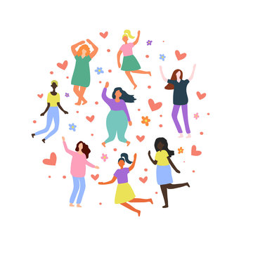 Bakground with multiracial women of different figure type and size dressed in comfort wear. Female cartoon characters with hearts. Body positive movement and beauty diversity. Vector illustration