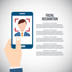  Facial recognition technology, Face ID concept, smart phone focus in a users face. EPS10 vector illustration in a flat style.