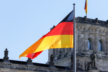 Cloudless, sunny sky over Berlin's city center with TV tower, Reichstag and dome of the Berlin Cathedral.