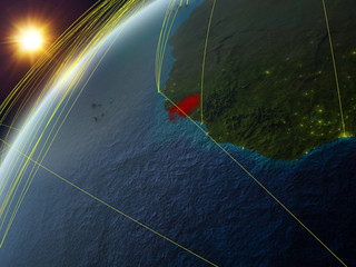 Guinea-Bissau on model of planet Earth with network and international networks. Concept of digital communication and technology.