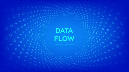 Data Flow. Digital Code. Binary data flow. Virtual tunnel warp. Coding, programming or hacking concept. Computer science illustration with 1 and 0 symbols repetitions. Vector Illustration.
