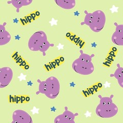 Fototapeta premium Seamless Cartoon Texture with hippo and stars (can be used as textile printing). Vector illustration. Cartoon animal head icon. Funny character.