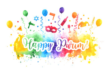 Happy Purim Jewish Holiday greeting card. Purim carnival set of watercolor design elements, icons isolated on white background. Vector illustration.