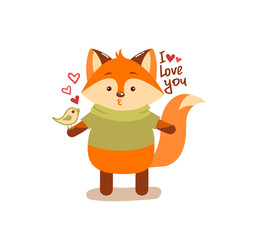 Cute cartoon lovely red fox with pink large heart