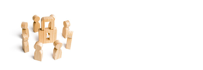 Wooden figures of people surround the padlock. concept of protection of personal data trade secrets, dedication to secrets. Preservation of secrets. Protection of information networks. banner