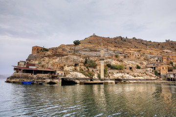 Landscape of Halfeti in the foreground Euphrates River and Sunken Mosque. Sanliurfa, Gaziantep in Turkey