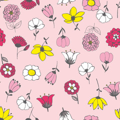 vector hand drawn. Seamless pattern with chaotically arranged flowers (upside down and vertical). Undirected texture. Floral background for scrapbooking, fashion, fabric, paper, cards, web design