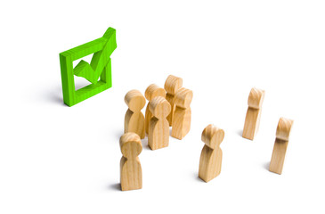 People stand near and look at the green check mark in the box. election, poll or referendum. ....