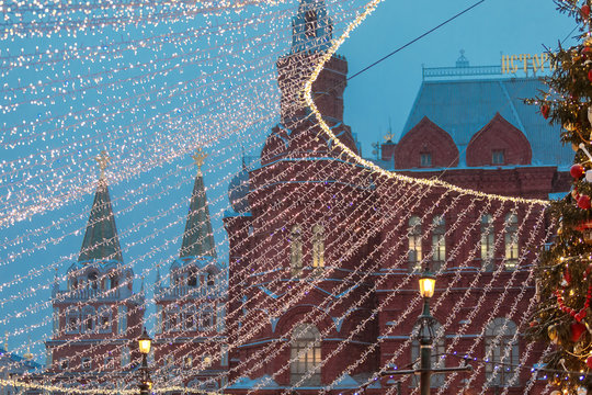 Russia, Moscow. Red Square in Christmas ornament
