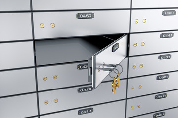Safe deposit boxes with open one safe cell. 3D rendering. Safe lockers