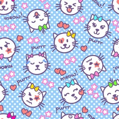Vector seamless texture with kittens with  emotions on their muzzles. Kawaii cat faces, words, stars, hearts for baby girls. Beautiful sketch emoticons on a background with blue polka dots.
