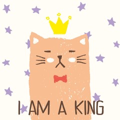 Vector illustration of sketch poker face cat drawn with colored crayons. I am a king