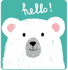 Cute card with lovely white bear drawn with colored crayons isolated on plain background. Hello! Vector hand drawn illustration