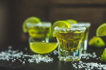 Mexican Gold Tequila shot  with lime and salt