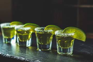 Mexican Gold Tequila shot  with lime and salt
