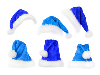 Cyan and blue christmas hats set isolated