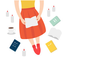 flat woman sitting books top view