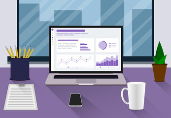 Workspace with laptop, documents, phone, coffee cup, desk, window. Workplace flat style. Vector workplace modern design. Vector illustration