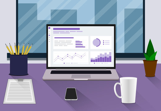 Workspace with laptop, documents, phone, coffee cup, desk, window. Workplace flat style. Vector workplace modern design. Vector illustration