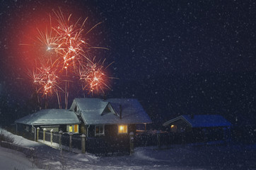 Christmas countryside night background during snow with firework stylized watercolor.