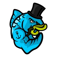 Angry strong blue Fish with hat, vector illustration