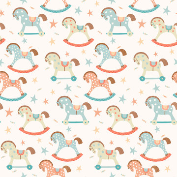 Seamless kids, baby rocking horse seamless pattern. First toys. Vector eps 10 illustration on white. Cloth, wallpaper, wrapping, fabric, print , surface, baby shower design.
