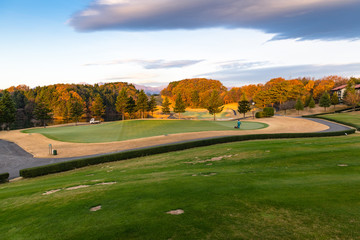 早朝で紅葉のゴルフ場グリーンと芝刈りするグリーンキーパー