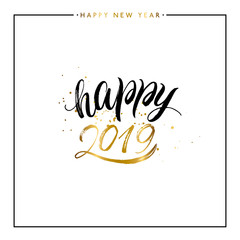 Happy 2019 gold text with golden splashes isolated on white background, hand painted letter, vector new year lettering for holiday card, poster, banner, print, invitation, handwritten calligraphy