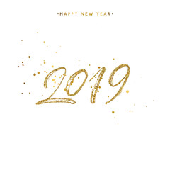 Gold 2019 lettering with golden splatters isolated on white background, hand painted letter, vector new year handwritten calligraphy for holiday card, poster, banner, print, invitation