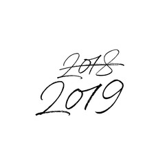 2019 Happy New Year text isolated on white background, 2018 corrected in 2019, hand painted letter, vector christmas lettering for holiday card, social blog, banner, print, handwritten calligraphy