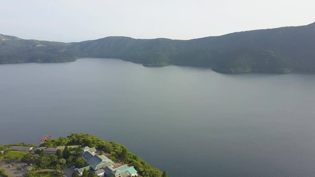 Aerial view of over lake ashi with ship panoroma