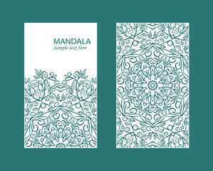 Flyer laser cut mandala. Cut paper card with lace pattern in dark teal. Wedding invitations, postcards and business card templates. Decorative cards for laser cutting. 