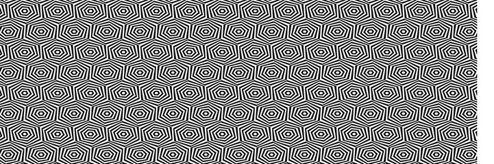 Abstract Seamless Black and White Geometric Panoramic Pattern with Hexagons. Optical Psychedelic Illusion.