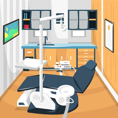 Dentist Room Dental Care Concept Hospital with full equipment dental chairs for Cartoon Vector Illustration