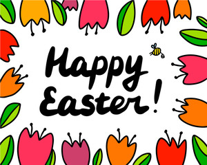 Happy easter beautiful hand drawn illustration with tulips and lettering