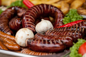 Delicious grilled sausages and Vegetable. Delicious food.