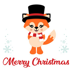 cartoon cute  fox vector with hat and scarf and christmas text