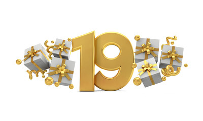 Number 19 gold birthday celebration number with gift boxes. 3D Rendering