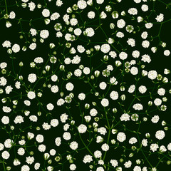 Бесшовный декоративный векторный узор из белых мелких цветов гипсофилы на темном зеленом фоне