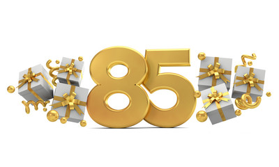 Number 85 gold birthday celebration number with gift boxes. 3D Rendering