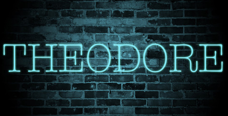 Fototapeta na wymiar first name Theodore in blue neon on brick wall